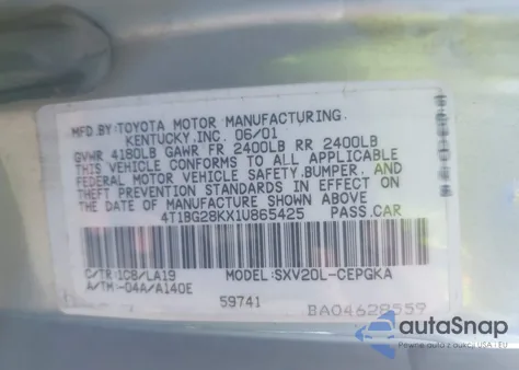 2001 Toyota Camry Xle из США, поврежденный, VIN 4T1BG28KX1U865425